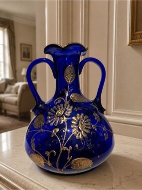 Cobalt Blue Double-Handled Decorative Vase with Gold Floral Accents